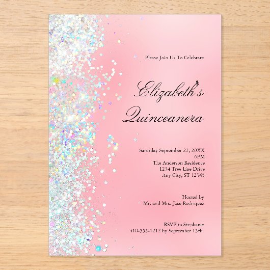 赤面ピンクホワイトグリッターグラムきらきら光るキンセアニェラ アクリル招待状 (正面)