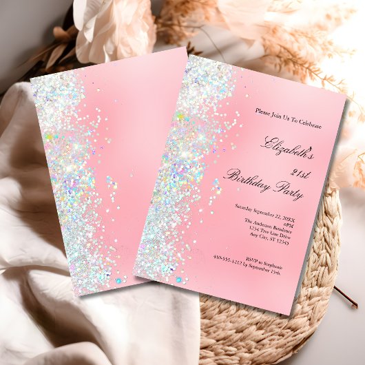 赤面ピンクホワイトグリッターグラムきらきら光る21歳の誕生日 招待状