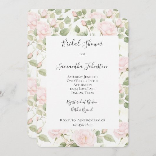 赤面ピンクホワイトフラワーズブライダルシャワー 招待状 (正面/裏面)