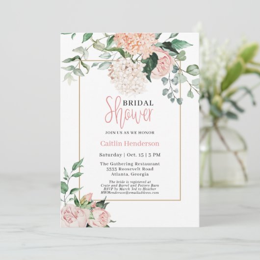 赤面ピンクホワイトフローラアジサイブライダルシャワー 招待状 (スタンド正面)