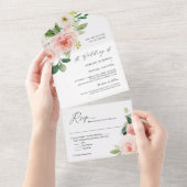 赤面ピンクホワイトフローラバジェット結婚ズ オールインワン招待状 (貼ってはがせる)