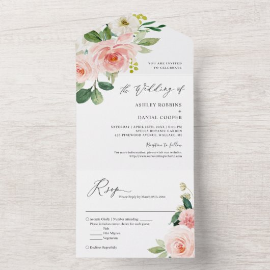 赤面ピンクホワイトフローラバジェット結婚ズ オールインワン招待状 (内側)