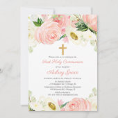 赤面ピンクホワイトフローラファーストホーリーコミュニオン 招待状 (正面)