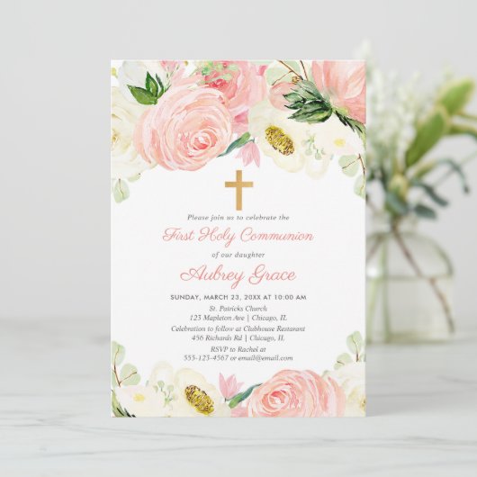 赤面ピンクホワイトフローラファーストホーリーコミュニオン 招待状 (スタンド正面)