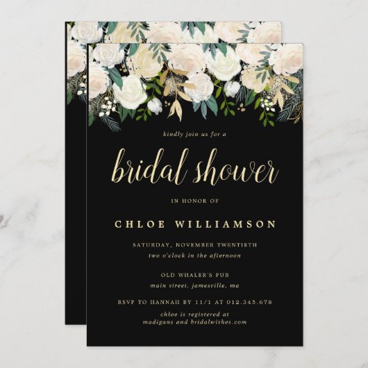 赤面ピンクホワイトフローラブライダルシャワー 招待状 (正面/裏面)