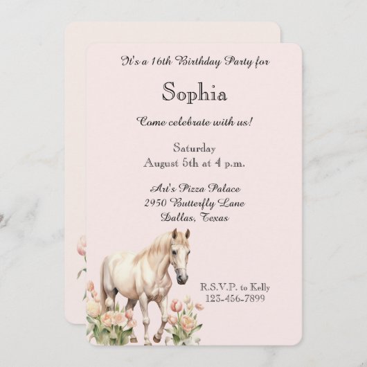 赤面ピンクホワイトホースチューリップ誕生日 招待状 (正面/裏面)