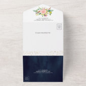 赤面ピンクホワイトマグノリアフローラネイビーブルー結婚ズ オールインワン招待状 (外側)