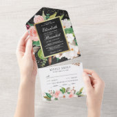 赤面ピンクホワイトマグノリアフローラブラック結婚ズ オールインワン招待状 (貼ってはがせる)