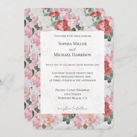 赤面ピンクホワイトレッドローズフローラ 招待状 (正面/裏面)
