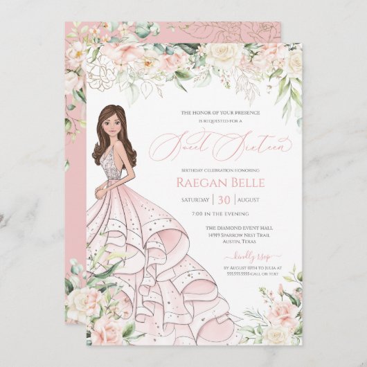 赤面ピンクホワイトローズエレガントグラムSweet sixteen 招待状 (正面/裏面)