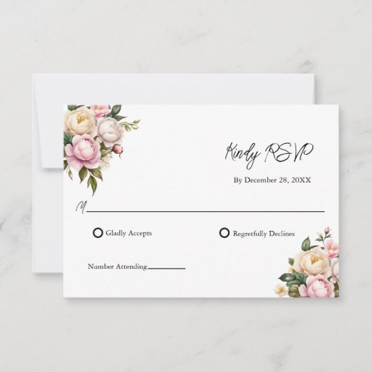 赤面ピンクホワイトローズフローラエレガントウェディングRSVP (正面)