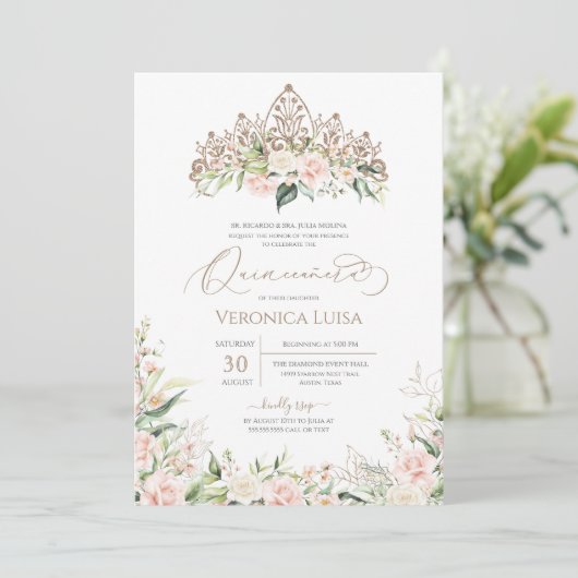 赤面ピンクホワイトローズフローラエレガントキンセアニェラ 招待状 (スタンド正面)