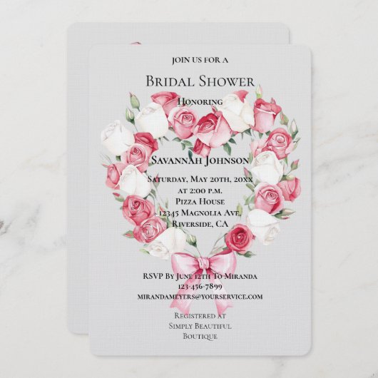 赤面ピンクホワイトローズフローラハートブライダルシャワー 招待状 (正面/裏面)