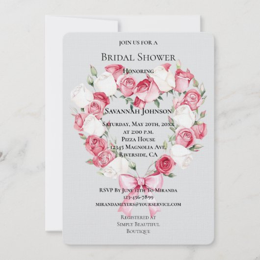 赤面ピンクホワイトローズフローラハートブライダルシャワー 招待状 (正面)