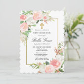 赤面ピンクホワイトローズフローラファーストホーリーコミュニオン 招待状 (スタンド正面)