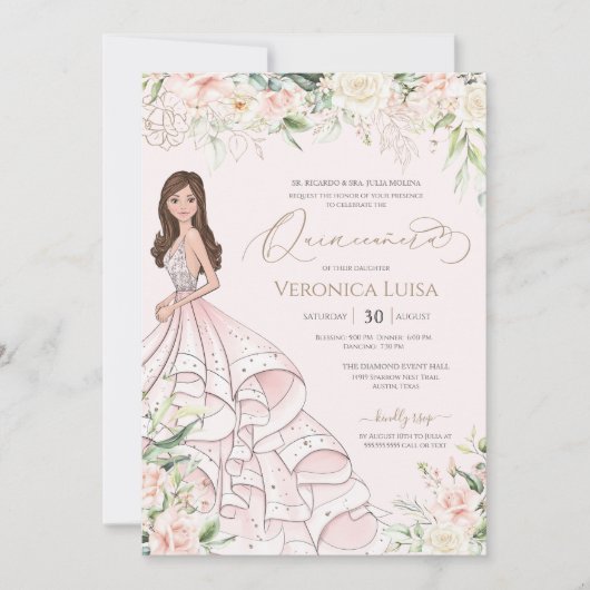 赤面ピンクホワイトローズラグジュアリークリンスアノス誕生日 招待状 (正面)