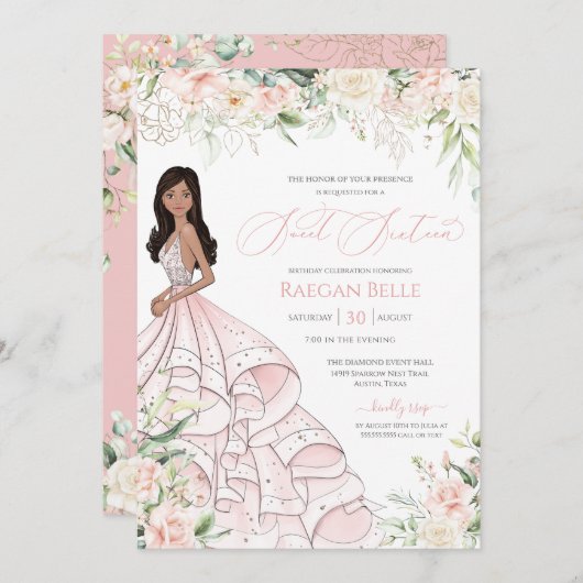 赤面ピンクホワイトローズラグジュアリーグラムSweet sixteenI 招待状 (正面/裏面)