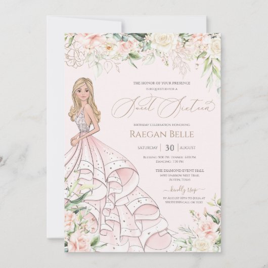 赤面ピンクホワイトローズラグジュアリーSweet sixteen  招待状 (正面)