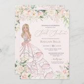 赤面ピンクホワイトローズラグジュアリーSweet sixteen  招待状 (正面/裏面)