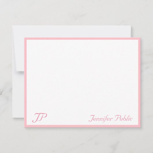 赤面ピンクホワイト手書き文字モノグラムモダン ノートカード (正面)