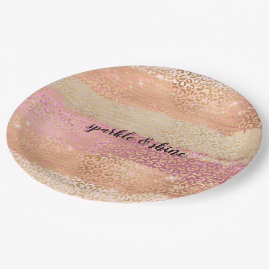 赤面ピンクホワイト金ゴールドガーリーグラムレオパードプリント ペーパープレート (アングル)