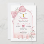 赤面ピンクボウアーチファースト誕生日とバプテスマ 招待状 (正面)