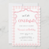 赤面ピンクボウコケットオネダーフル1歳の誕生日 招待状 (正面)