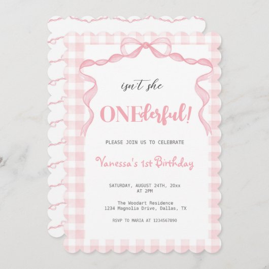 赤面ピンクボウコケットオネダーフル1歳の誕生日 招待状 (正面/裏面)