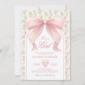 赤面ピンクボウコケットガールベビーシャワー 招待状 (正面)