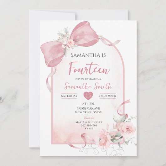 赤面ピンクボウコケットリボンアーチガール誕生日 招待状 (正面)