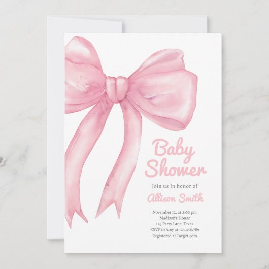赤面ピンクボウコケット女名門私立校風のの子ベビーシャワー 招待状 (正面)