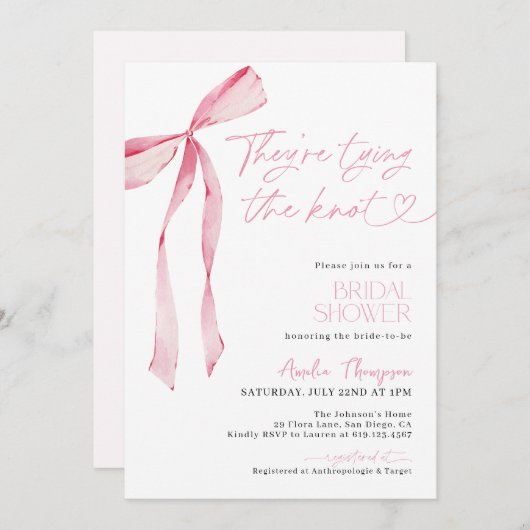 赤面ピンクボウザータイイングザノットブライダルシャワー 招待状 (正面/裏面)