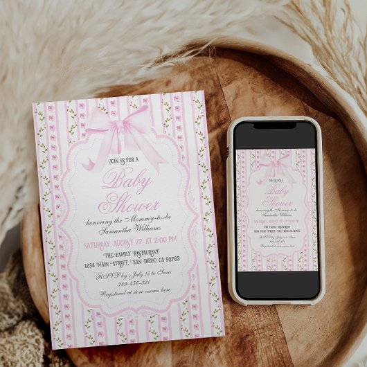 赤面ピンクボウズフローラガールエレガントベビーシャワー 招待状