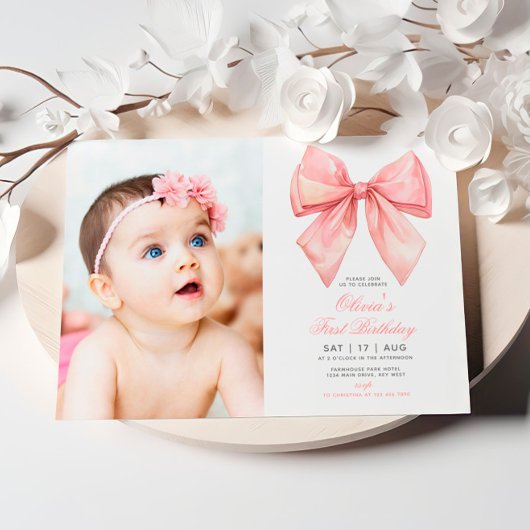 赤面ピンクボウフォトファースト誕生日招待状 招待状