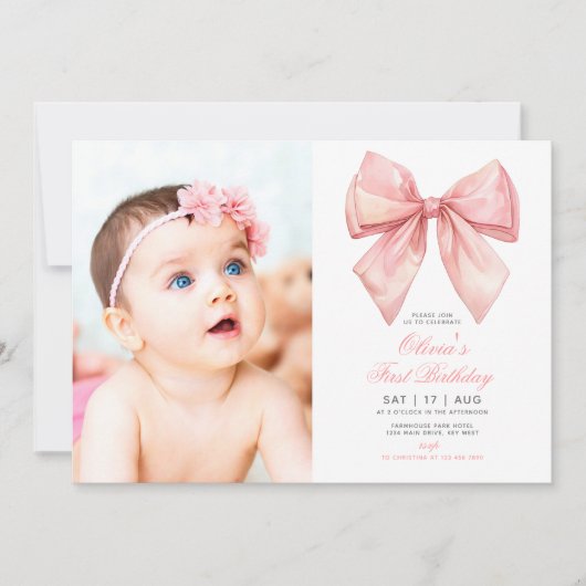 赤面ピンクボウフォトファースト誕生日招待状 招待状 (正面)