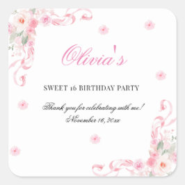 赤面ピンクボウフラワーズSweet sixteen誕生日 スクエアシール