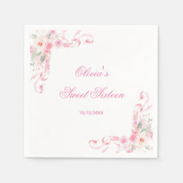 赤面ピンクボウフラワーズSweet sixteen誕生日 スタンダードカクテルナプキン