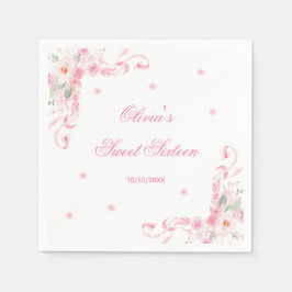 赤面ピンクボウフラワーズSweet sixteen誕生日 スタンダードカクテルナプキン