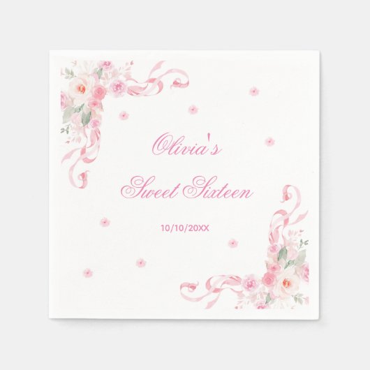 赤面ピンクボウフラワーズSweet sixteen誕生日 スタンダードカクテルナプキン (正面)