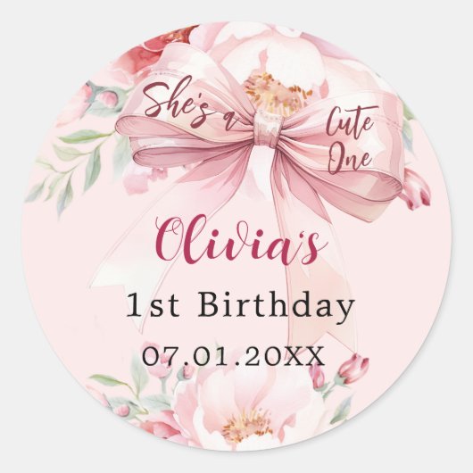 赤面ピンクボウフローラかわいい1歳の誕生日 ラウンドシール (正面)