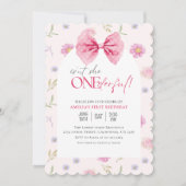 赤面ピンクボウフローラオンダーフル少女1歳の誕生日 招待状 (正面)