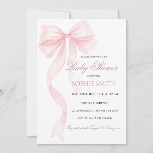 赤面ピンクボウベイビーシャワー招待状編集可能 招待状 (正面)