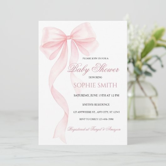 赤面ピンクボウベイビーシャワー招待状編集可能 招待状 (スタンド正面)