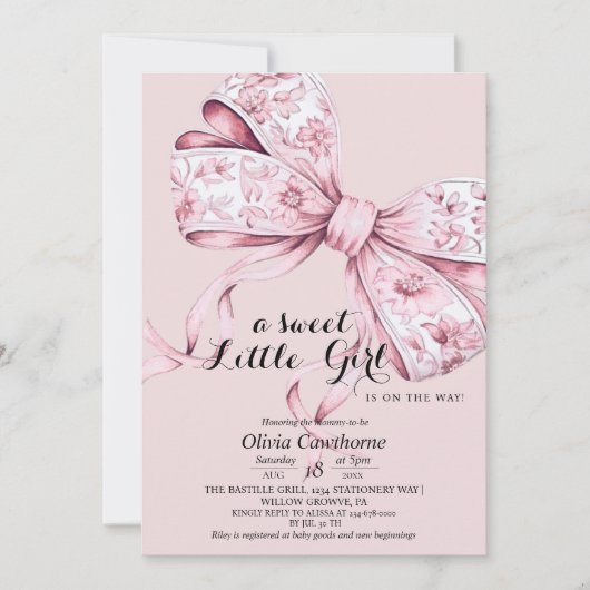 赤面ピンクボウベビーシャワー招待状 招待状 (正面)