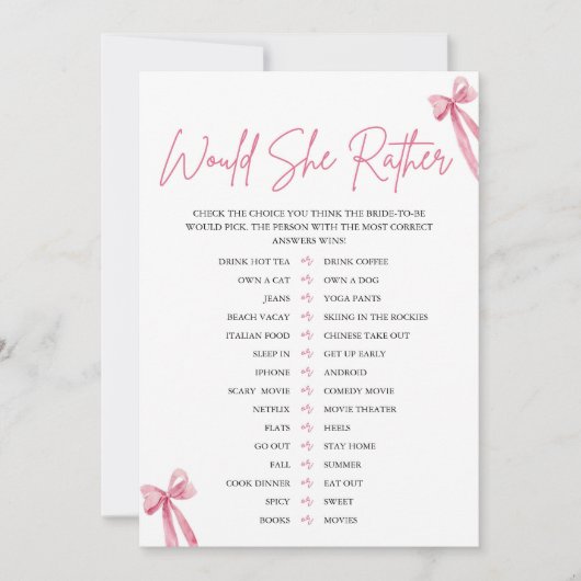 赤面ピンクボウ彼女はむしろブライダルシャワーゲーム 招待状 (正面)