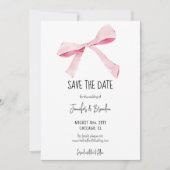 赤面ピンクボウ日付写真を保存 招待状 (正面)