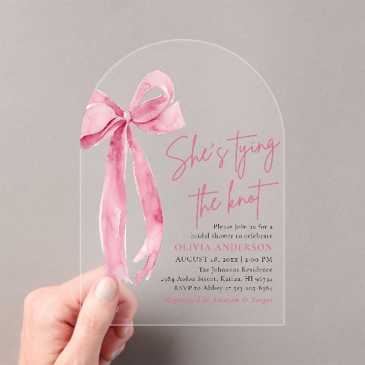 赤面ピンクボウ結び目ブライダルシャワー アクリル招待状 (インサイチュ (ポータブル))
