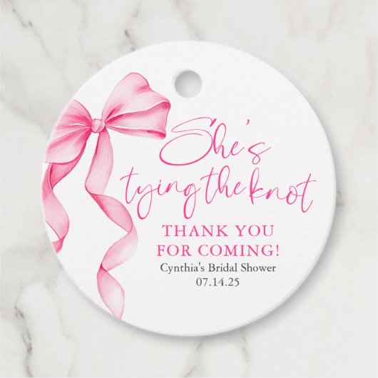 赤面ピンクボウ結び目ブライダルシャワー フェイバータグ (正面)