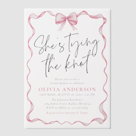 赤面ピンクボウ結び目ブライダルシャワー ベラム紙招待状 (正面)