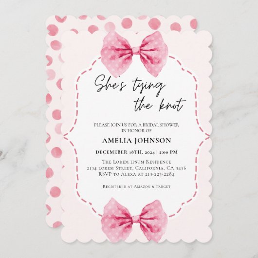 赤面ピンクボウ結び目ブライダルシャワー 招待状 (正面/裏面)